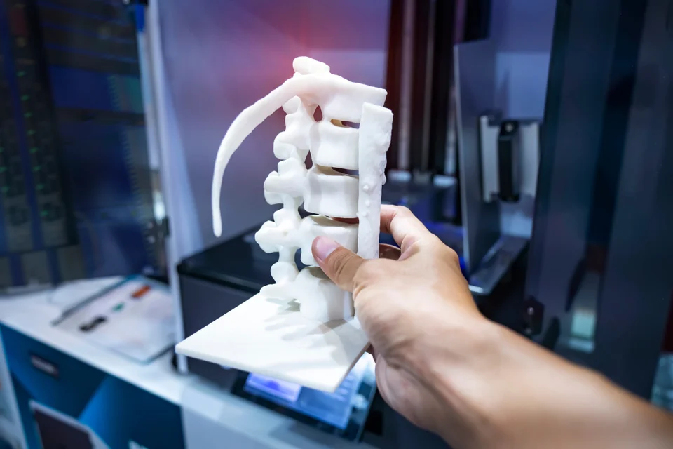 Hand holding a 3D printed anatomical spine model beside a 3D printer