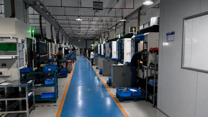 CNC equipment and operators along the production aisle at OUJI