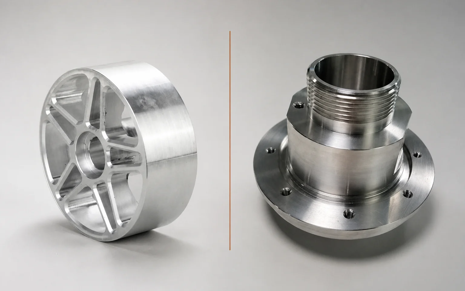 Side-by-side studio comparison of a matte aluminum spoked CNC housing and a polished stainless steel threaded flange