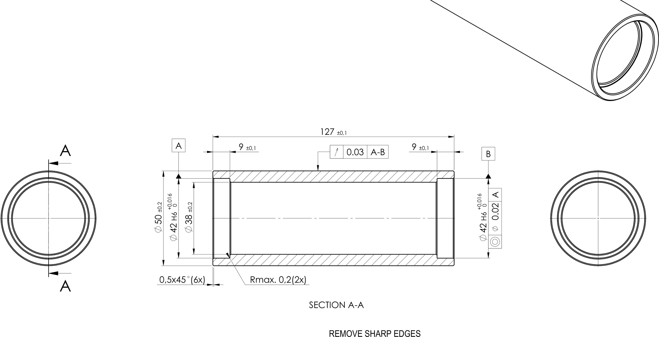Redacted engineering drawing of a precision sleeve showing the sectioned profile with parallelism 0.03 A-B and position Ø0.02 A GD&T callouts referencing datums A and B