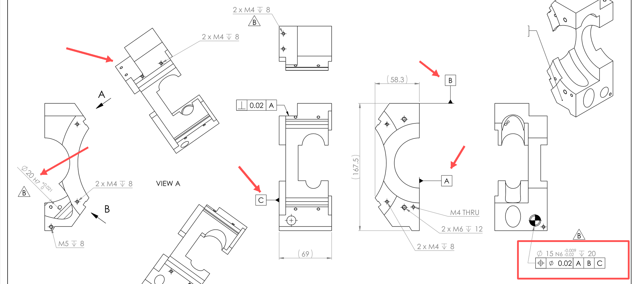 Redacted engineering drawing with arrows identifying datums A, B and C and the diameter 0.02 mm positional tolerance control frame