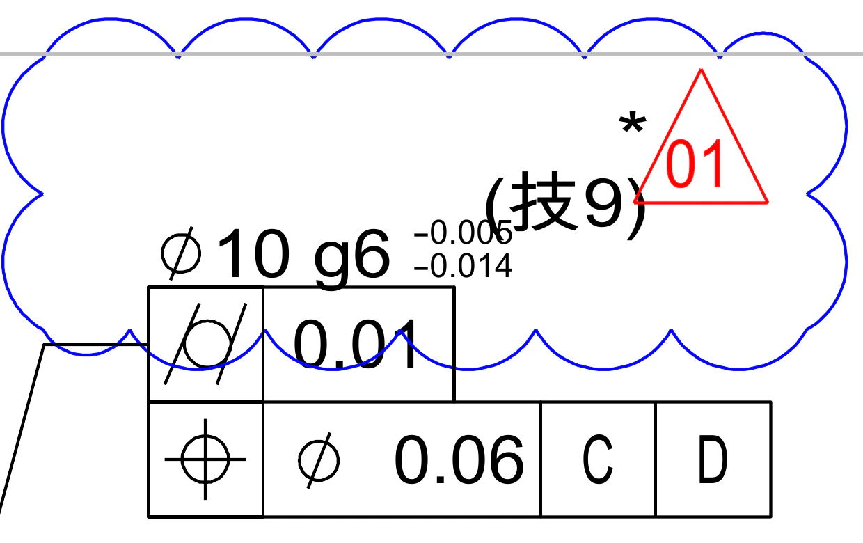 Permanently cropped production-drawing excerpt showing the boxed Ø10 g6 callout with cylindricity and position controls to datums C and D