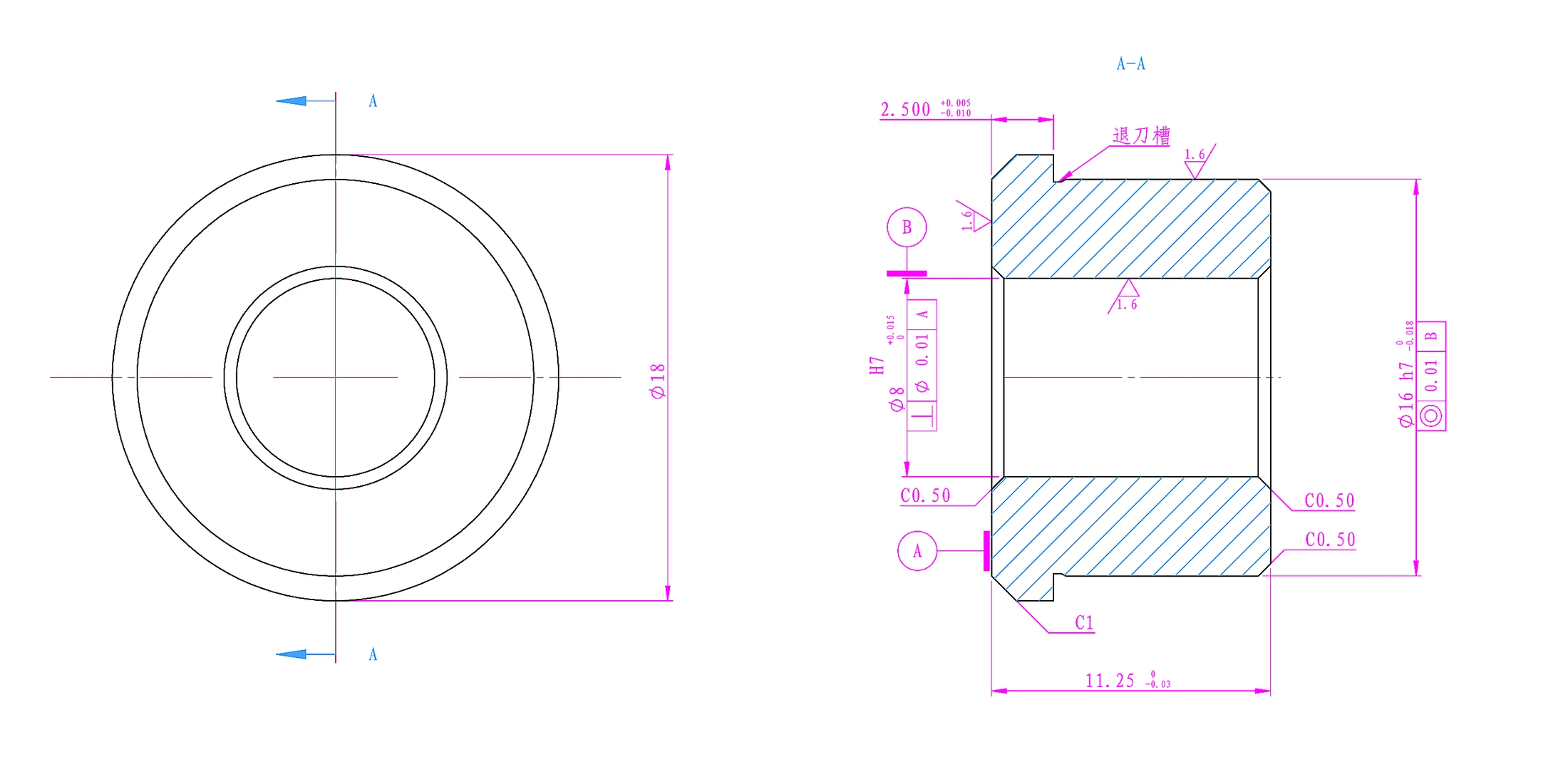Redacted production drawing excerpt showing the Ø16 h7 outside diameter, Ø8 H7 bore, datum references and 0.01 mm geometric tolerance frames