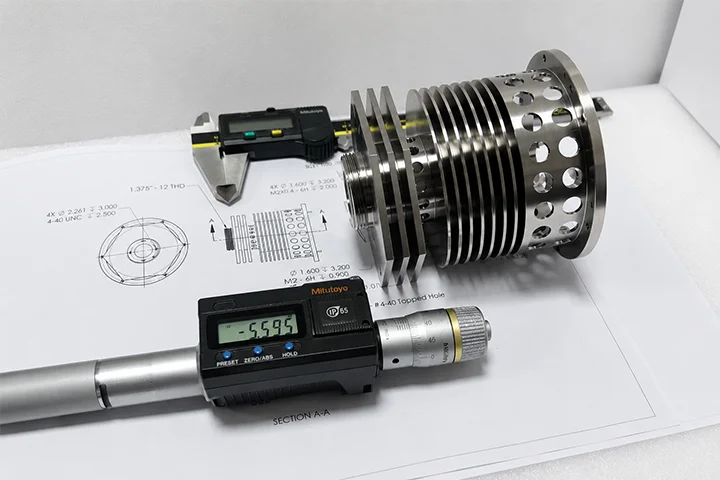 A precision-machined component checked against its controlled drawing with calipers and a micrometer