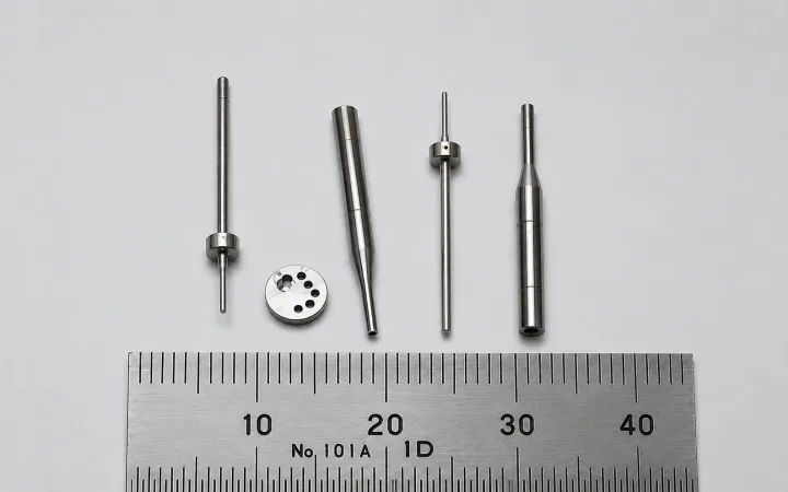 OUJI small turned pins and sleeves displayed beside a millimeter ruler