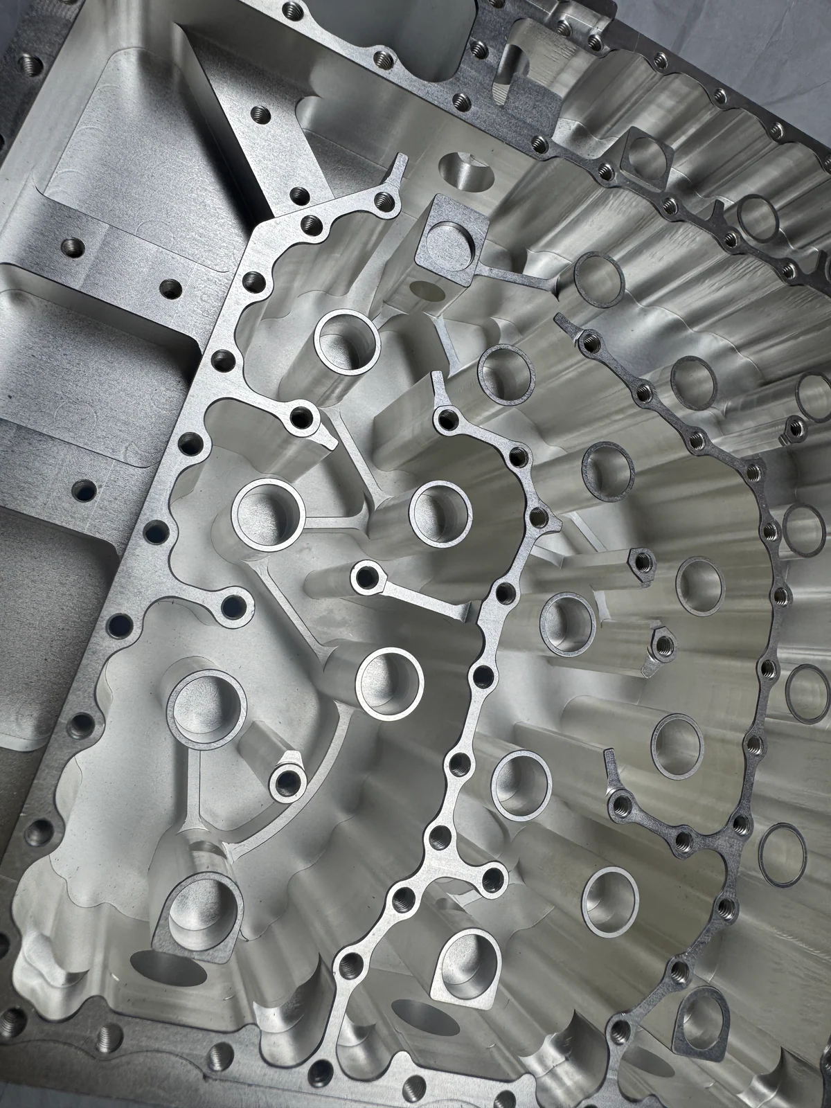 Close view of an OUJI filter cavity component showing machined walls, cylindrical features and threaded cover holes