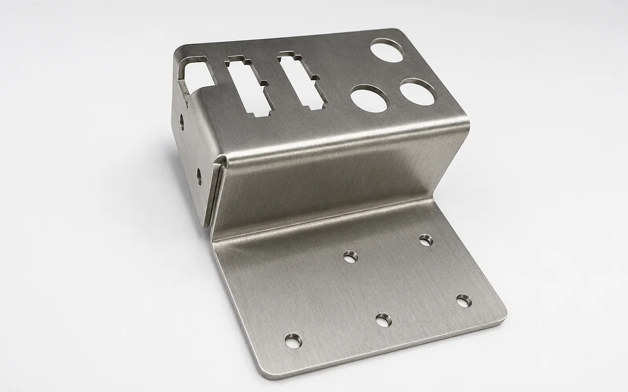 Fabricated sheet metal bracket showing bends, holes, and formed features